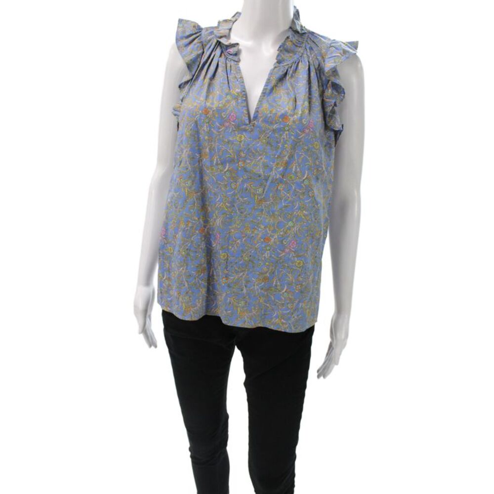 Xirena Women Camisole Blouse Blue Floral V-Neck Sleeveless Bohemian Size S